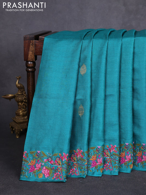 Pure tussar silk saree peacock green with zari woven buttas and convent embroidery border