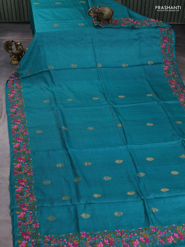 Pure tussar silk saree peacock green with zari woven buttas and convent embroidery border