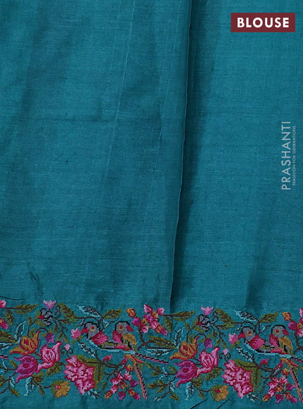 Pure tussar silk saree peacock green with zari woven buttas and convent embroidery border