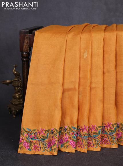 Pure tussar silk saree mango yellow with zari woven buttas and convent embroidery border