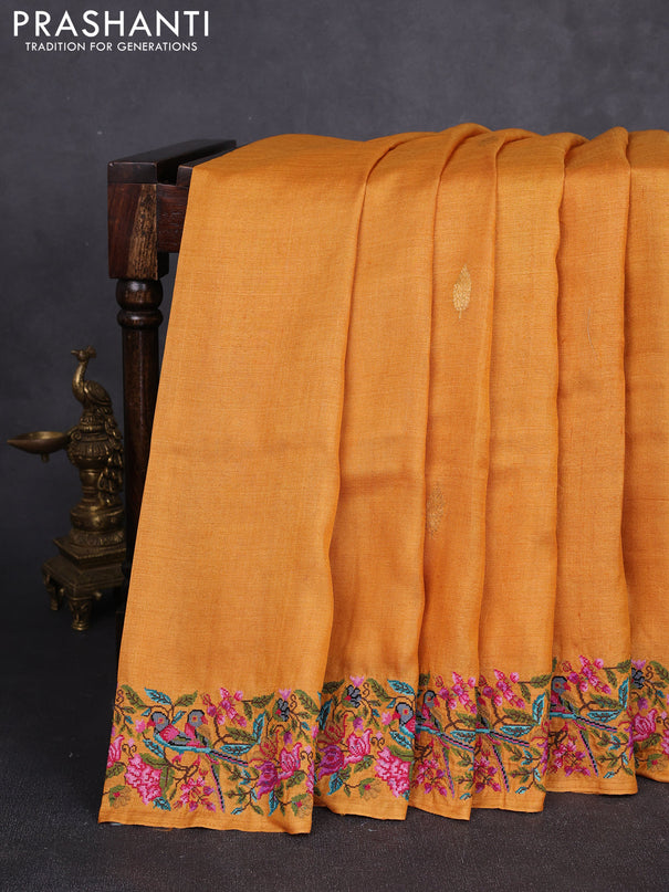 Pure tussar silk saree mango yellow with zari woven buttas and convent embroidery border