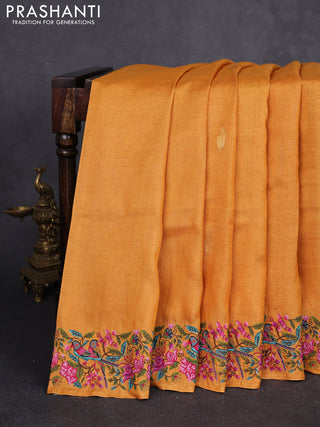 Pure tussar silk saree mango yellow with zari woven buttas and convent embroidery border
