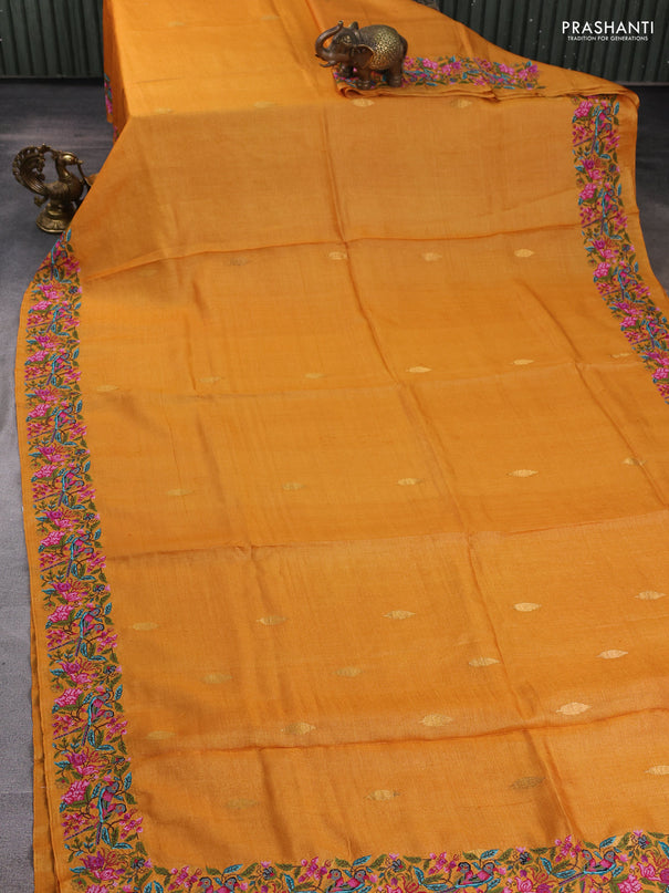Pure tussar silk saree mango yellow with zari woven buttas and convent embroidery border