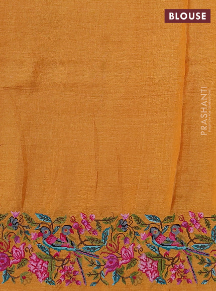 Pure tussar silk saree mango yellow with zari woven buttas and convent embroidery border