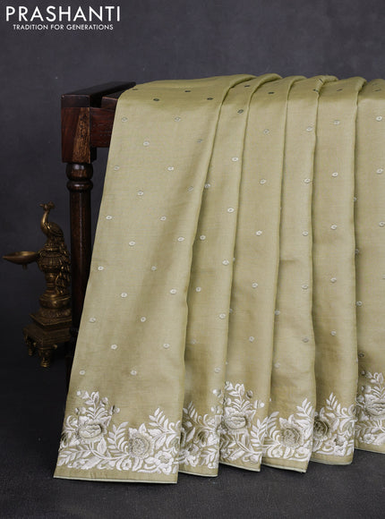 Pure tussar silk saree pista green with allover embroidery buttas and parsi embroidery border