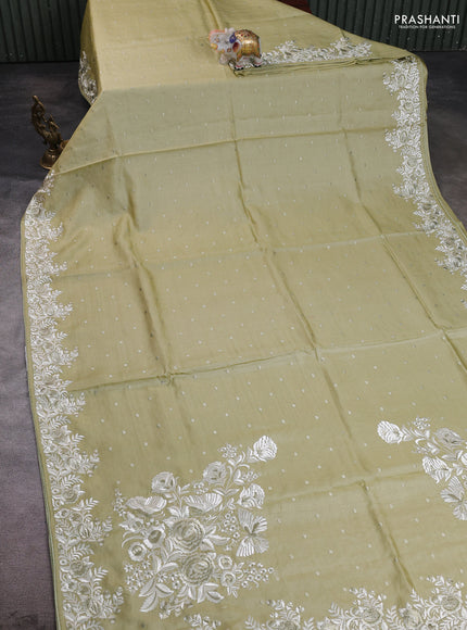 Pure tussar silk saree pista green with allover embroidery buttas and parsi embroidery border