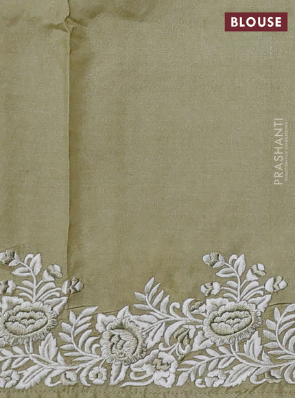 Pure tussar silk saree pista green with allover embroidery buttas and parsi embroidery border