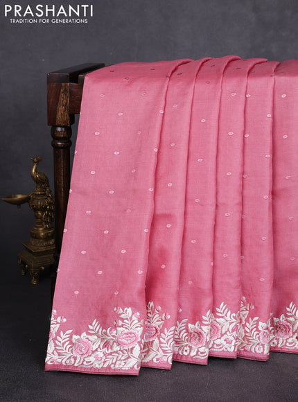 Pure tussar silk saree peach pink with allover embroidery buttas and parsi embroidery border