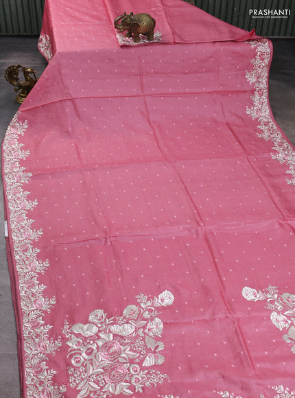 Pure tussar silk saree peach pink with allover embroidery buttas and parsi embroidery border