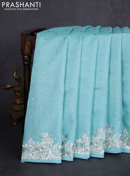 Pure tussar silk saree sky blue with allover embroidery buttas and parsi embroidery border