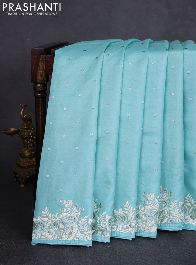 Pure tussar silk saree sky blue with allover embroidery buttas and parsi embroidery border