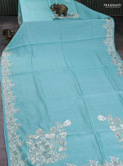 Pure tussar silk saree sky blue with allover embroidery buttas and parsi embroidery border
