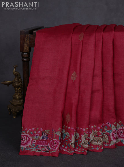Pure tussar silk saree red with zari woven buttas and convent embroidery border