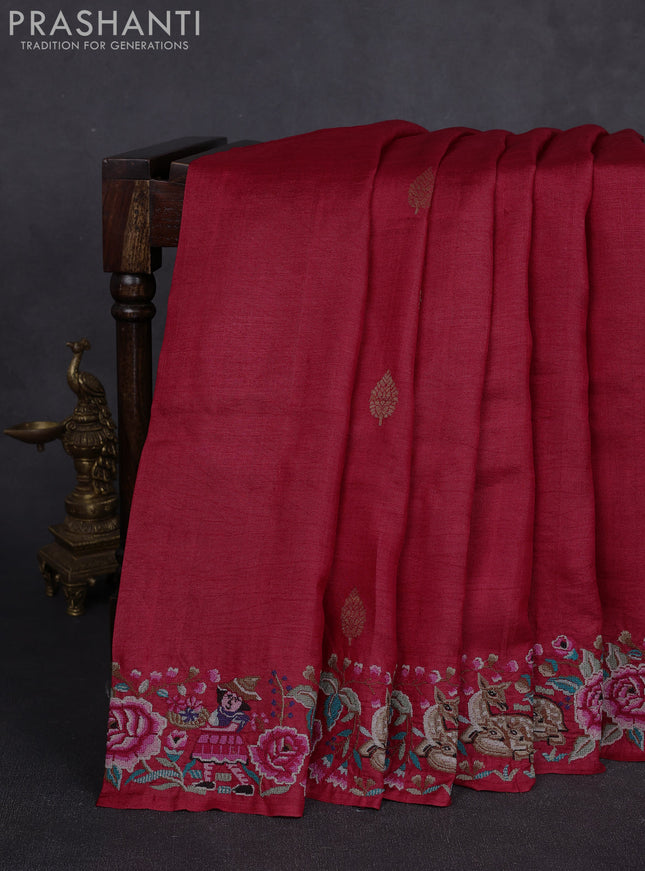 Pure tussar silk saree red with zari woven buttas and convent embroidery border