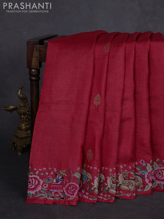 Pure tussar silk saree red with zari woven buttas and convent embroidery border