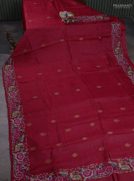 Pure tussar silk saree red with zari woven buttas and convent embroidery border