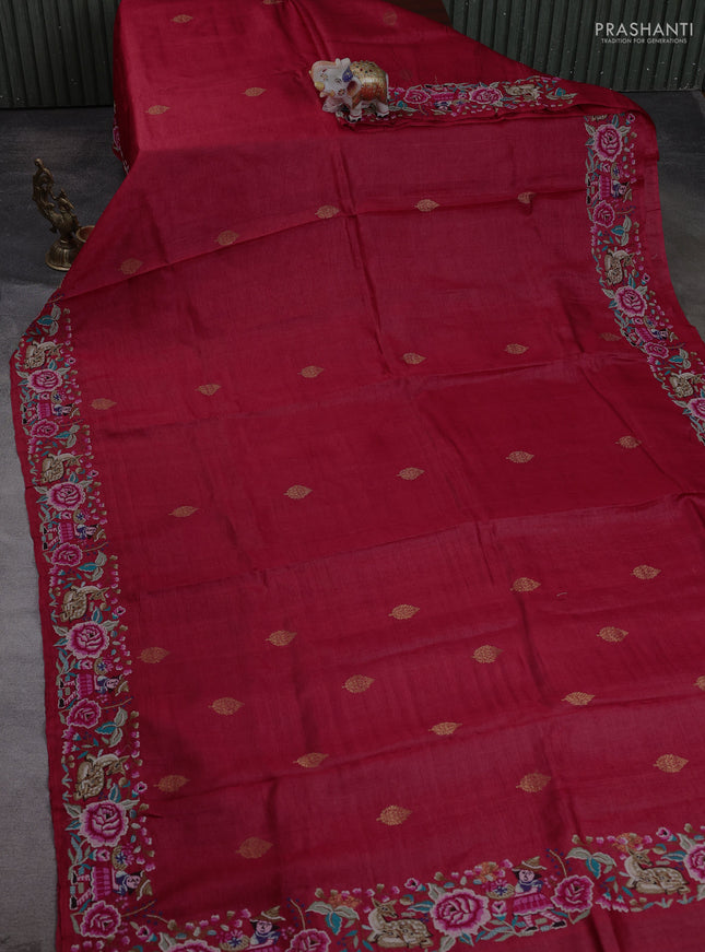 Pure tussar silk saree red with zari woven buttas and convent embroidery border