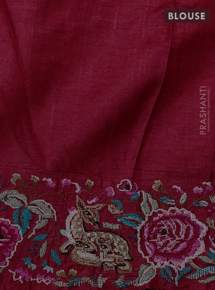 Pure tussar silk saree red with zari woven buttas and convent embroidery border