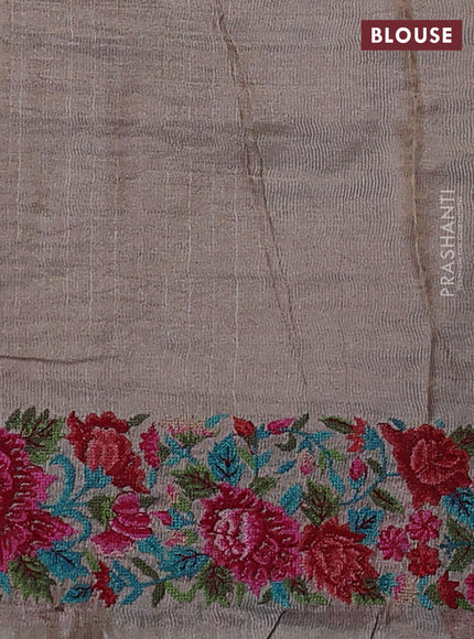Pure tussar silk saree pastel grey with allover zari woven buttas and floral embroidery border