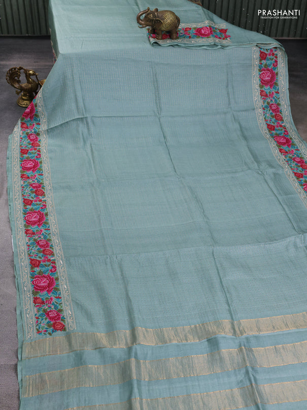 Pure tussar silk saree pastel blue with allover zari woven buttas and floral embroidery border
