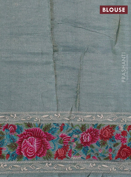 Pure tussar silk saree pastel blue with allover zari woven buttas and floral embroidery border