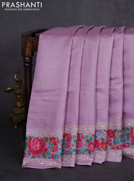 Pure tussar silk saree lavender with allover zari woven buttas and floral embroidery border
