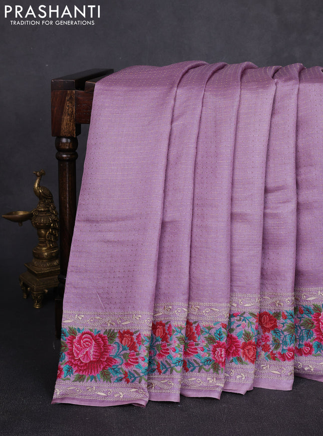 Pure tussar silk saree lavender with allover zari woven buttas and floral embroidery border