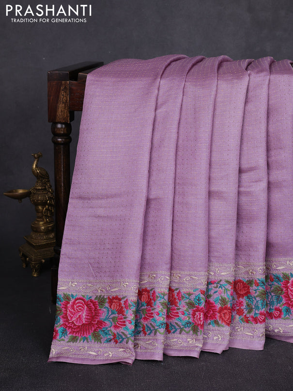 Pure tussar silk saree lavender with allover zari woven buttas and floral embroidery border