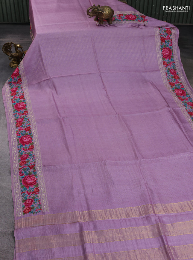 Pure tussar silk saree lavender with allover zari woven buttas and floral embroidery border