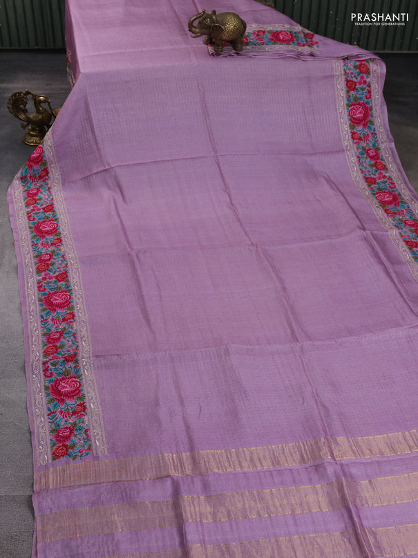 Pure tussar silk saree lavender with allover zari woven buttas and floral embroidery border