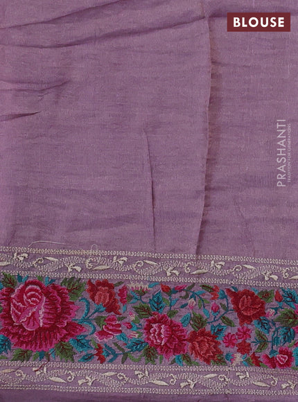 Pure tussar silk saree lavender with allover zari woven buttas and floral embroidery border