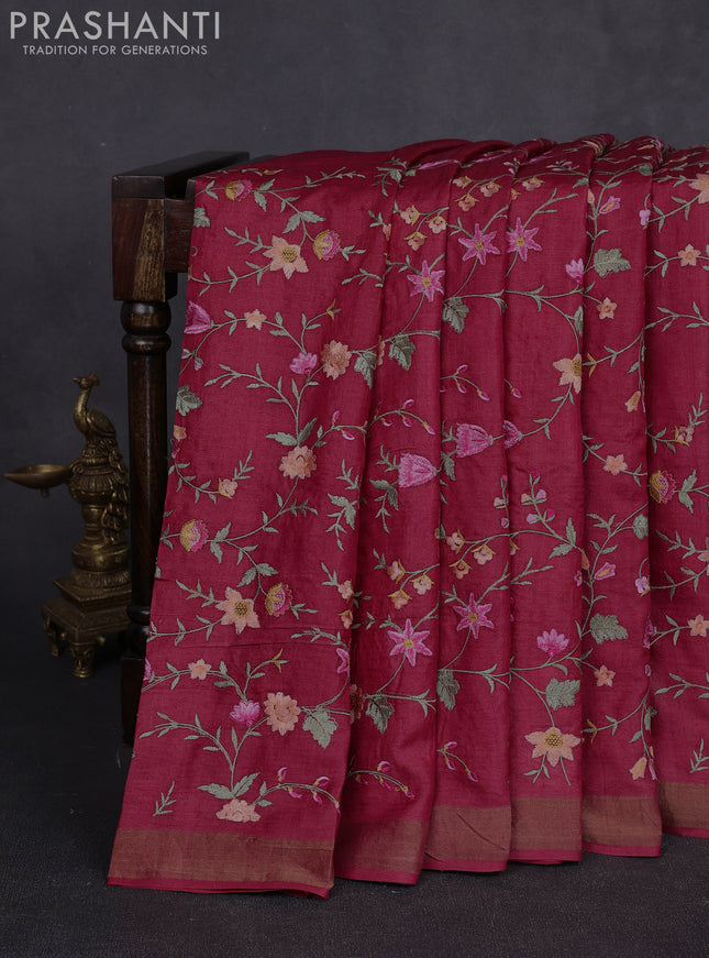 Pure tussar silk saree kumkum red with allover floral embroidery work and zari woven border