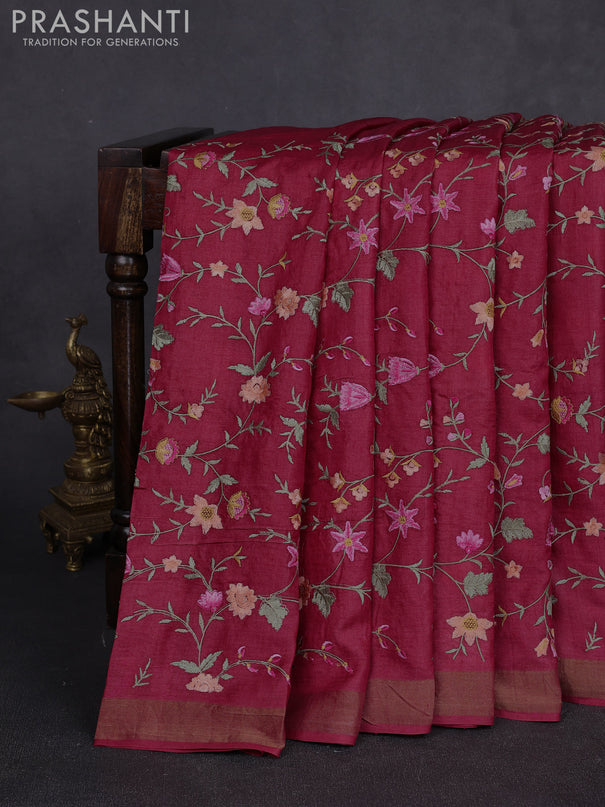 Pure tussar silk saree kumkum red with allover floral embroidery work and zari woven border