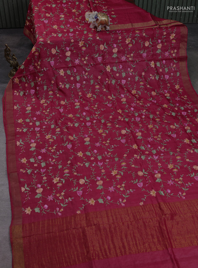 Pure tussar silk saree kumkum red with allover floral embroidery work and zari woven border