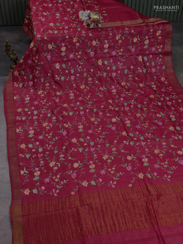 Pure tussar silk saree kumkum red with allover floral embroidery work and zari woven border