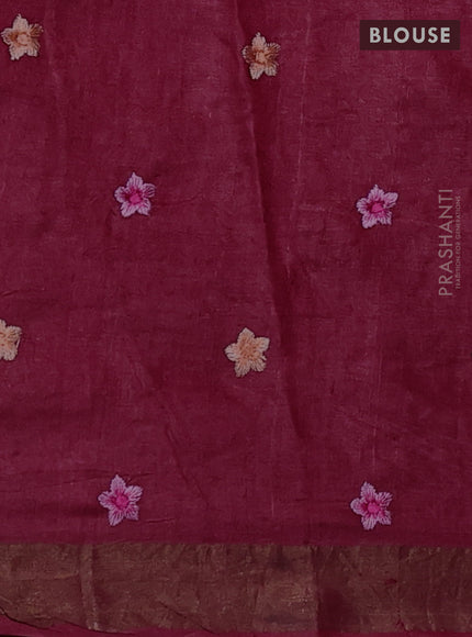 Pure tussar silk saree kumkum red with allover floral embroidery work and zari woven border