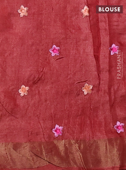 Pure tussar silk saree rust shade with allover floral embroidery work and zari woven border