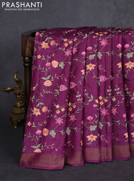 Pure tussar silk saree dark magenta pink with allover floral embroidery work and zari woven border