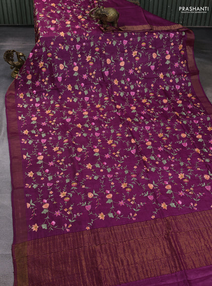 Pure tussar silk saree dark magenta pink with allover floral embroidery work and zari woven border