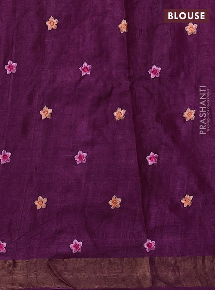 Pure tussar silk saree dark magenta pink with allover floral embroidery work and zari woven border