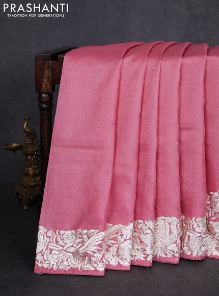 Pure tussar silk saree mild peach pink with plain body and parsi embroidery pallu & border