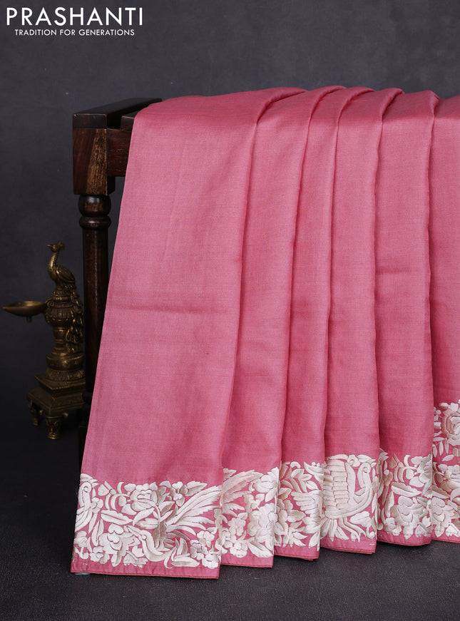 Pure tussar silk saree mild peach pink with plain body and parsi embroidery pallu & border