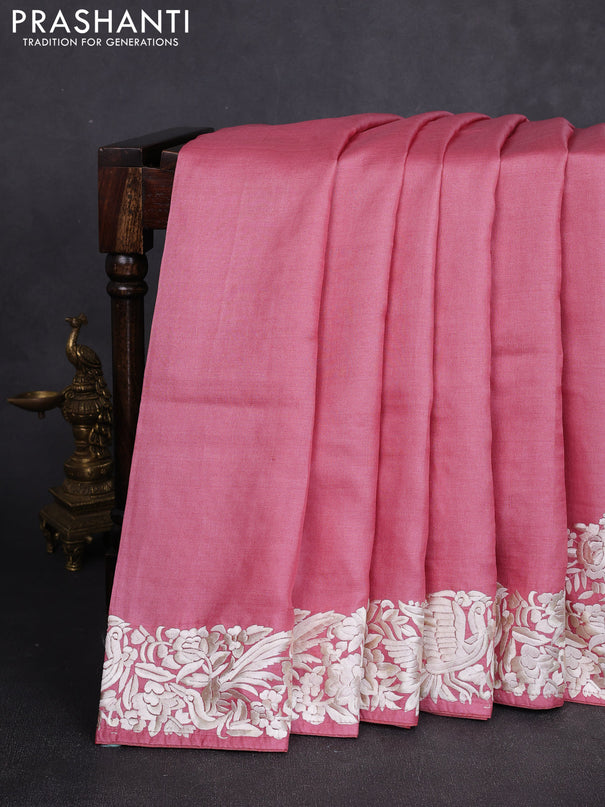 Pure tussar silk saree mild peach pink with plain body and parsi embroidery pallu & border
