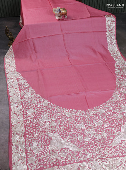 Pure tussar silk saree mild peach pink with plain body and parsi embroidery pallu & border