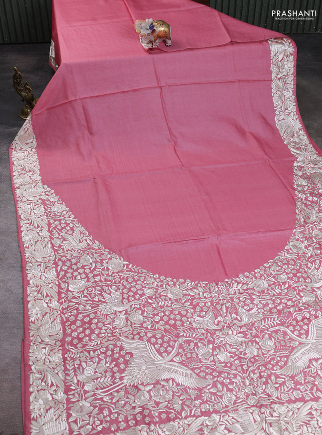 Pure tussar silk saree mild peach pink with plain body and parsi embroidery pallu & border