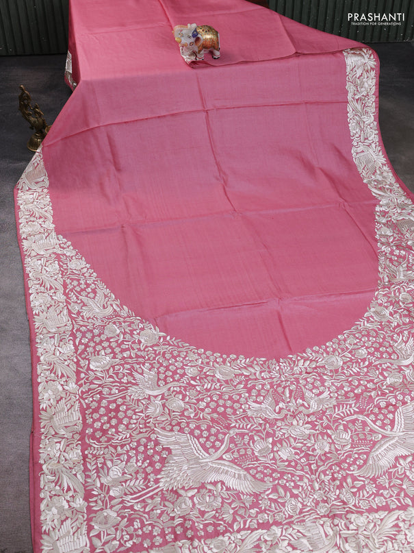 Pure tussar silk saree mild peach pink with plain body and parsi embroidery pallu & border