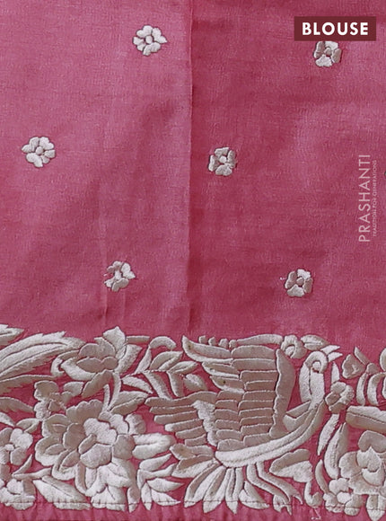 Pure tussar silk saree mild peach pink with plain body and parsi embroidery pallu & border