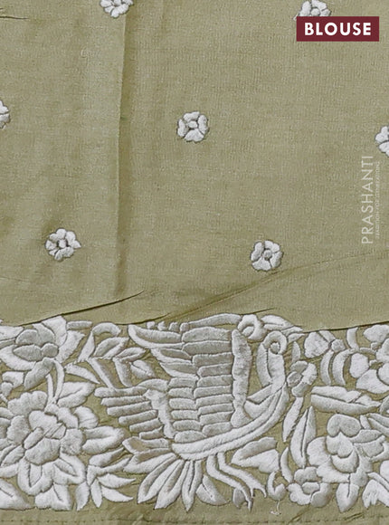 Pure tussar silk saree pista green with plain body and parsi embroidery pallu & border