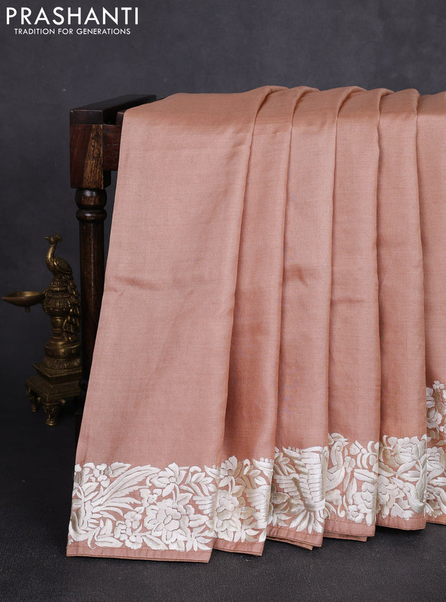 Pure tussar silk saree pastel peach with plain body and parsi embroidery pallu & border