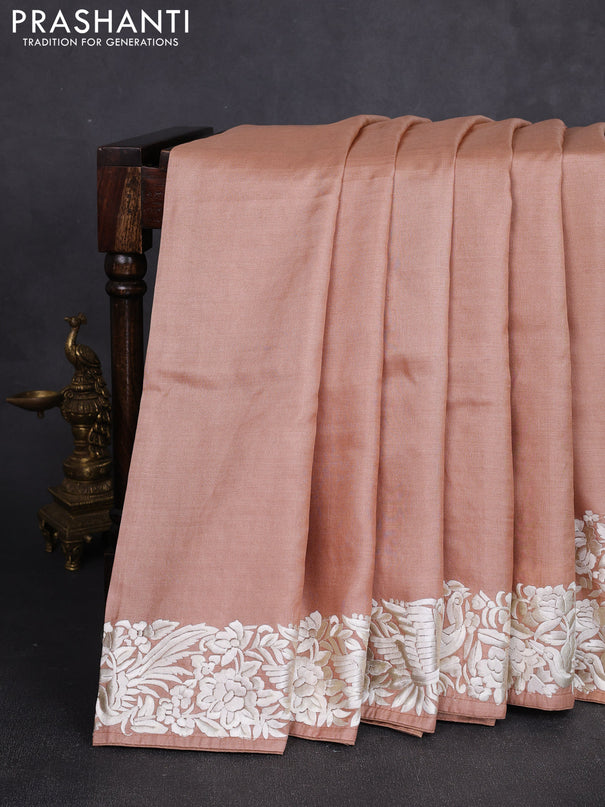 Pure tussar silk saree pastel peach with plain body and parsi embroidery pallu & border